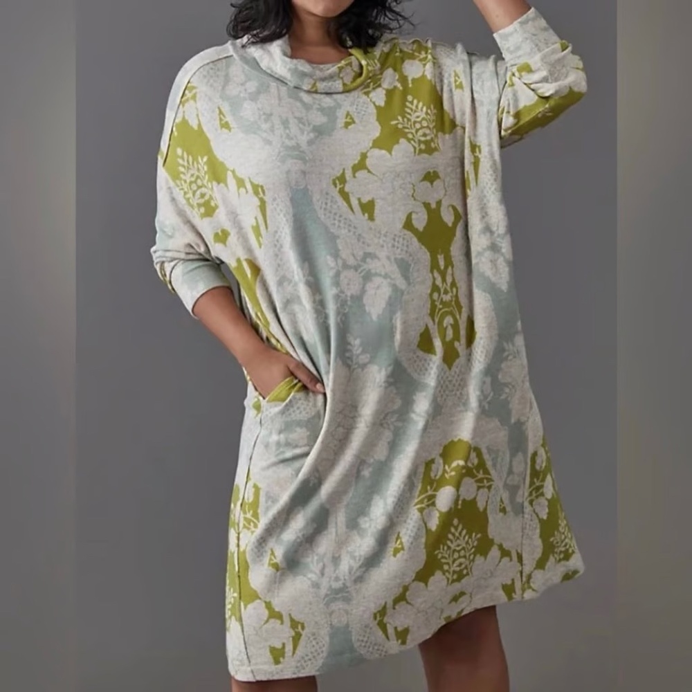 Anthropologie Saturday Sunday Cozy Cowl Neck Floral Sweater Dress w/ Pockets 1X